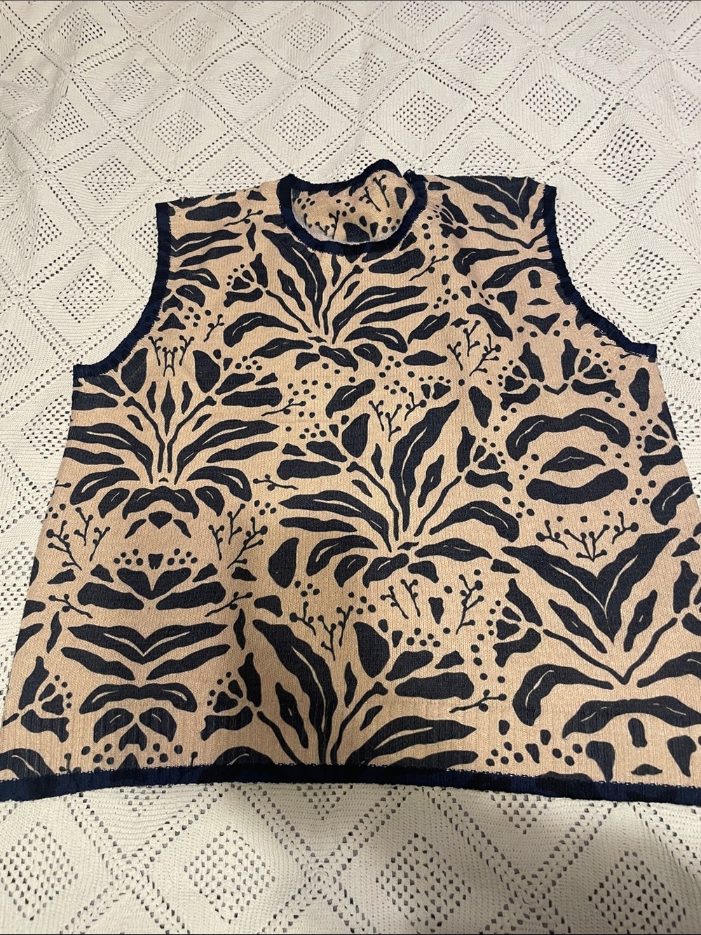 Sleeveless Beige Tank Top with Black Botanical Print